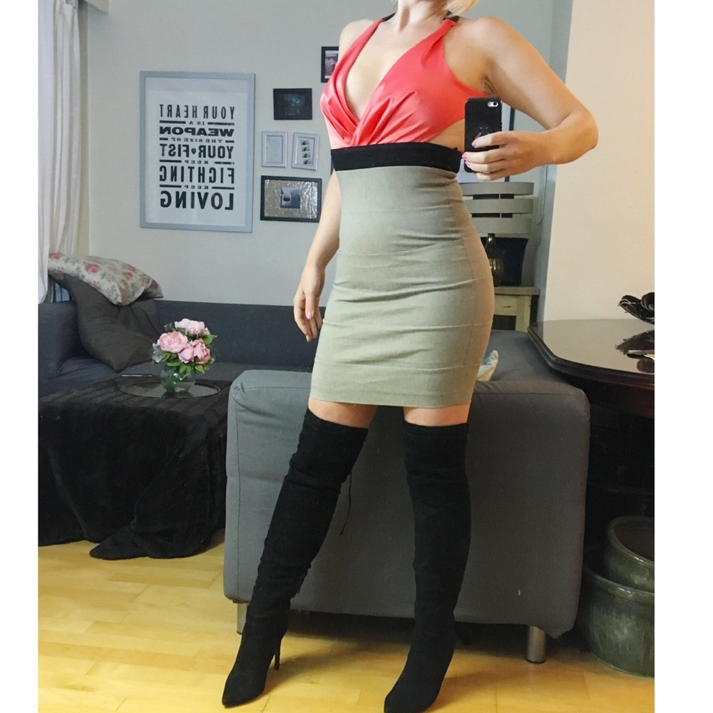 Rare London Coral and Beige Halter Bandage Dress